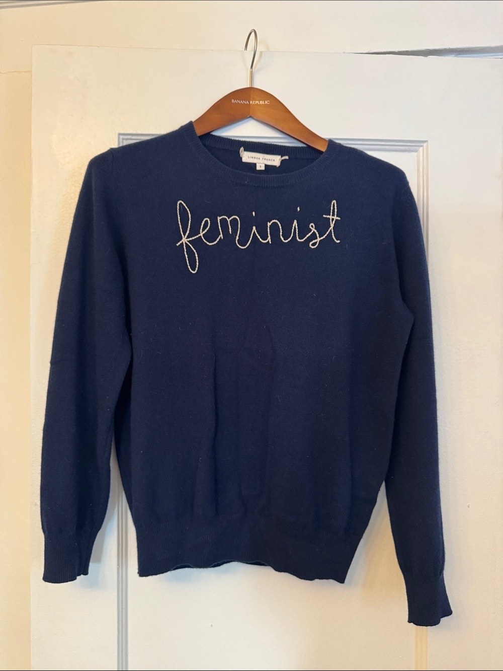 Lingua Franca hand-stitched 100% Cashmere Feminist Crewneck Sweater